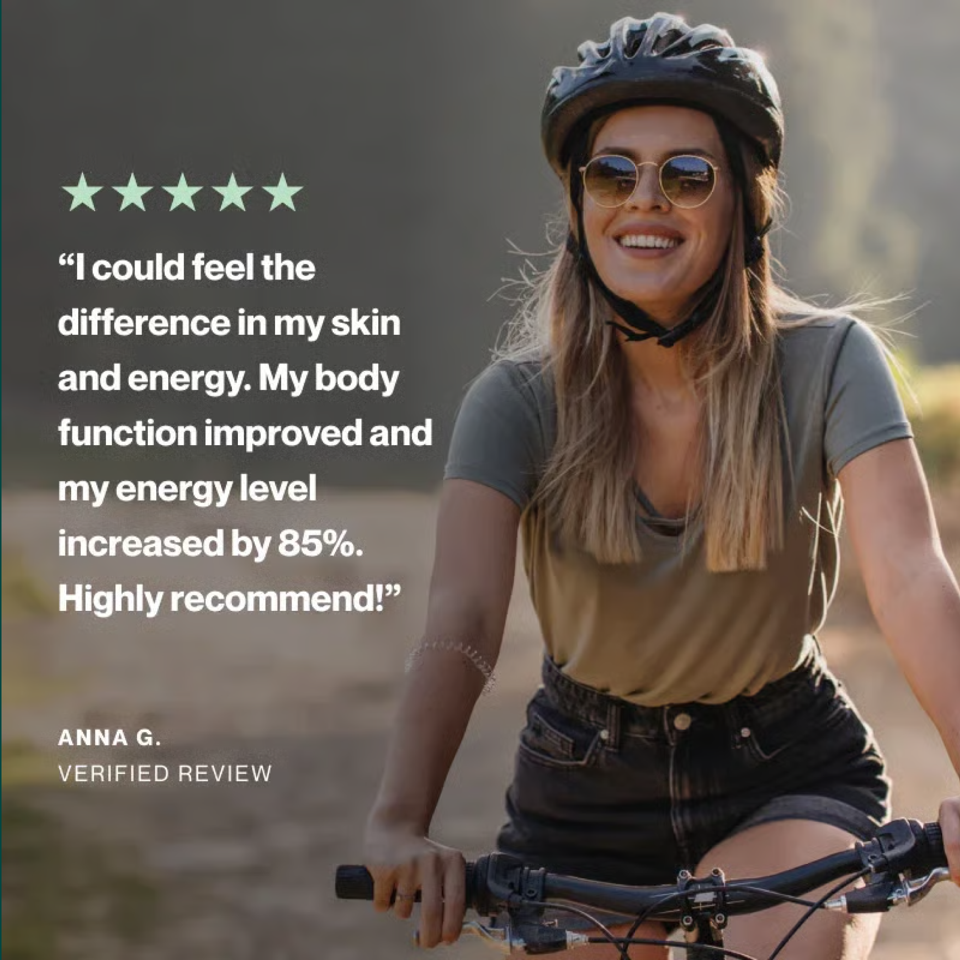 A smiling woman in a helmet and sunglasses riding a bike, with a five-star review testimonial overlaid.