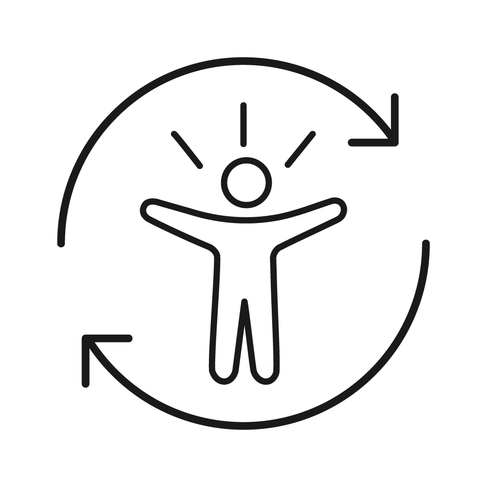 A line icon of a person with arms raised, enclosed in circular arrows.