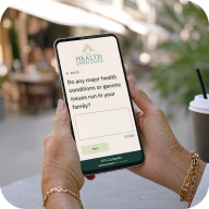 A person's hands holding a smartphone displaying a health questionnaire from the Health Institute.