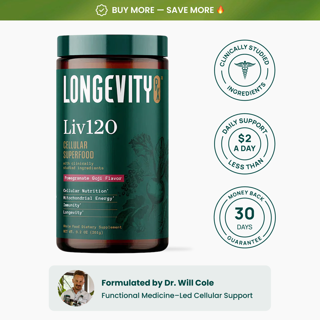 A bottle of Longevity Liv120 Cellular Superfood supplement with benefit callouts and a photo of Dr. Will Cole.