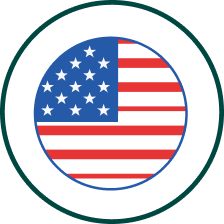 A circular icon with a stylized American flag inside a dark green ring on a black background.