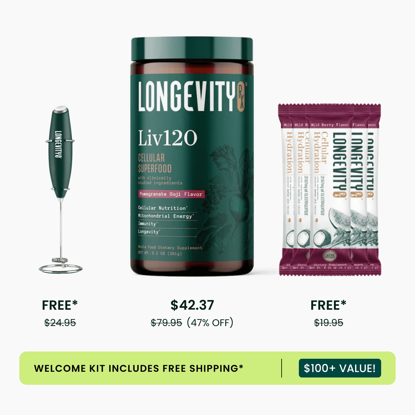 A Longevity brand frother, a tub of superfood powder, and a pack of hydration supplement sticks.