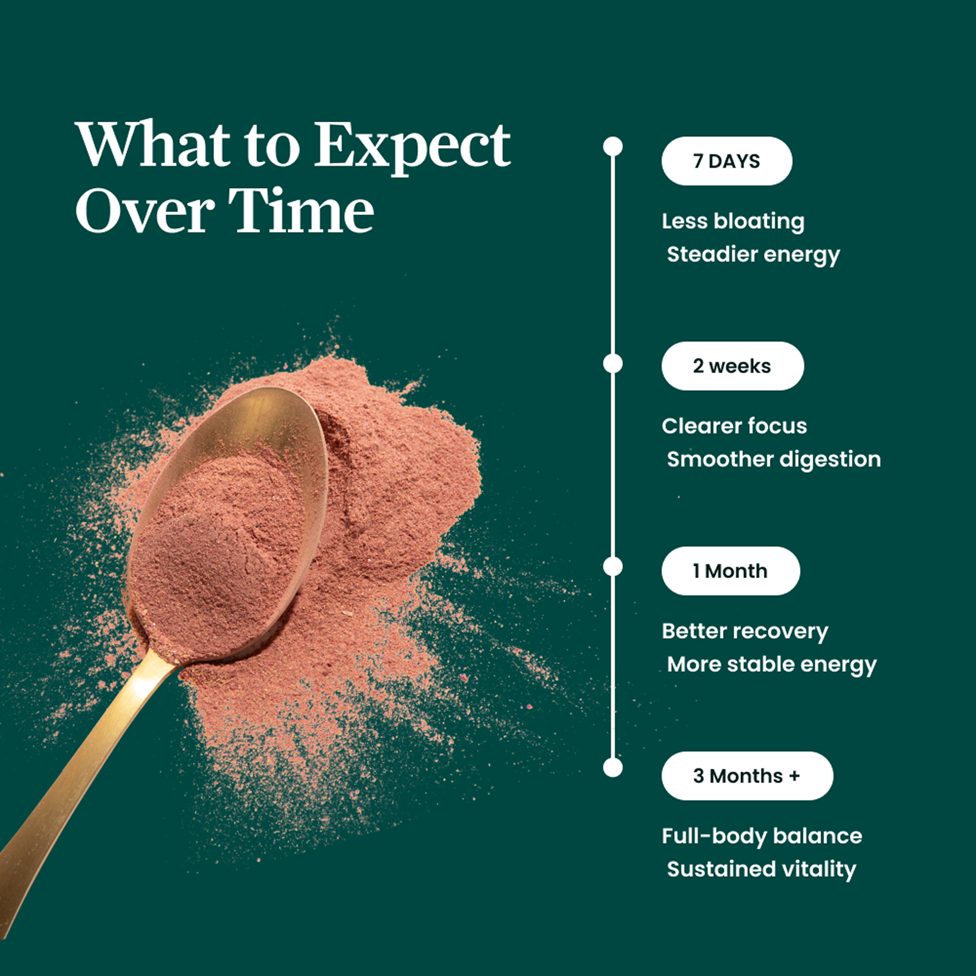 Infographic showing a timeline of benefits next to a spoonful of reddish-brown powder on a green background.