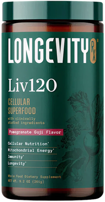 A dark green canister of Longevity Rx Liv120 Cellular Superfood dietary supplement in Pomegranate Goji flavor.