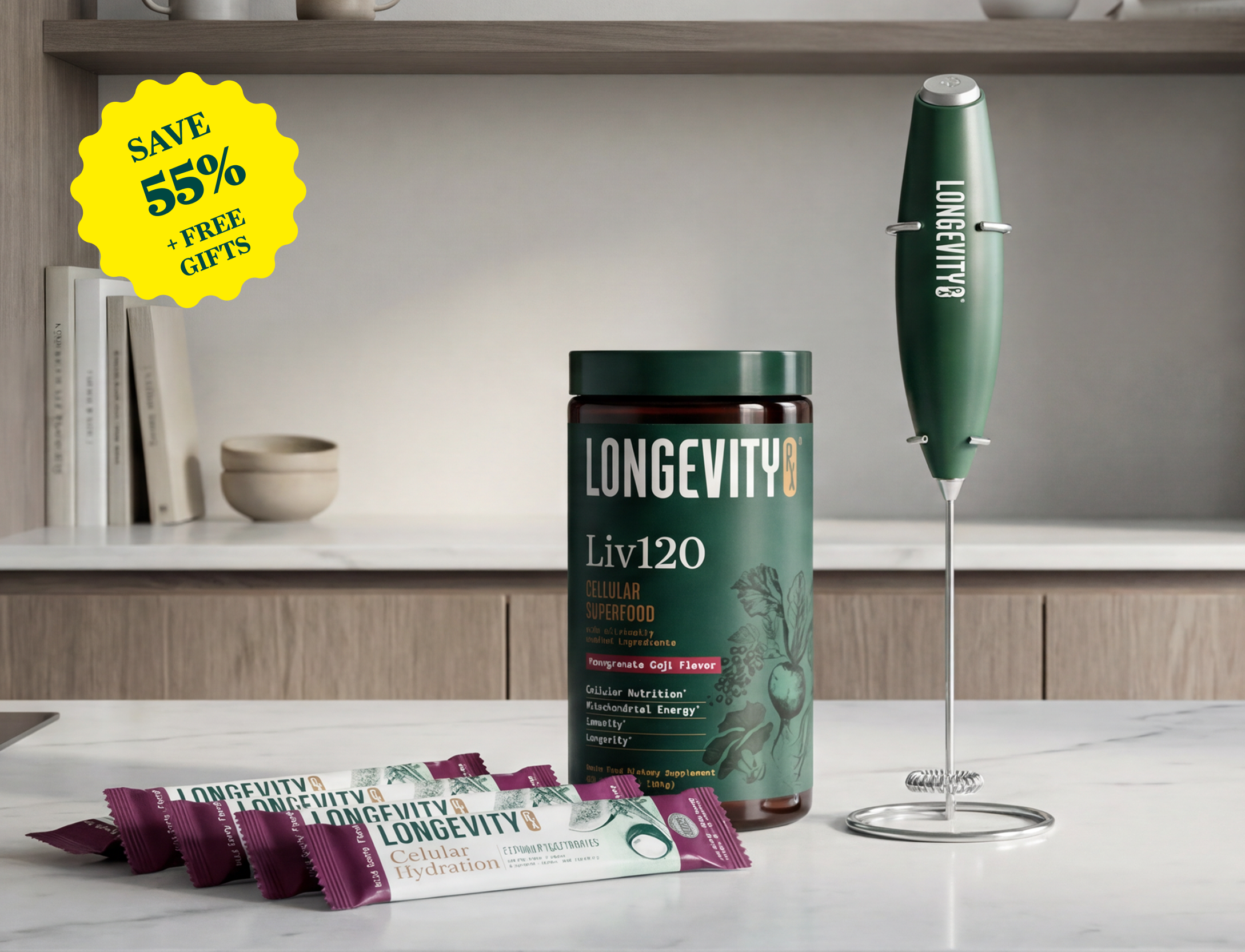 Longevity brand superfood powder, hydration packets, and an electric frother displayed on a kitchen counter.