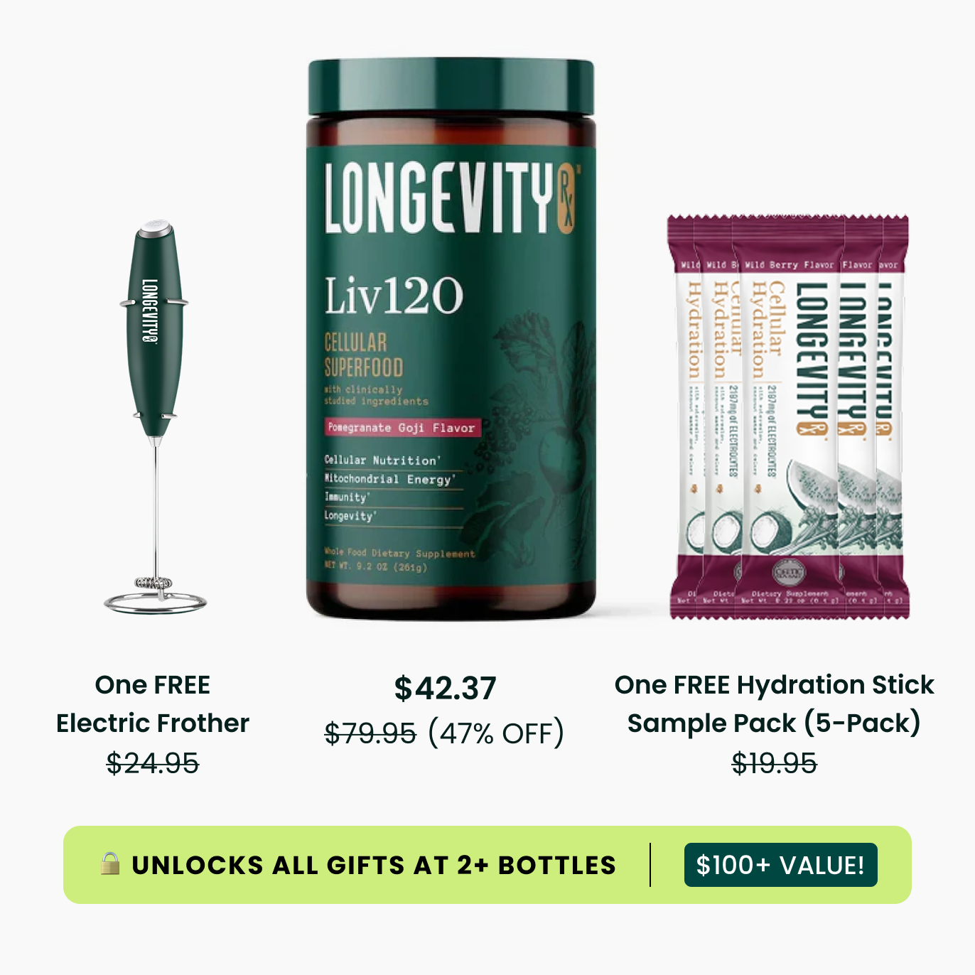 Longevity Liv120 Cellular Superfood powder with a free electric frother and a hydration stick sample pack.