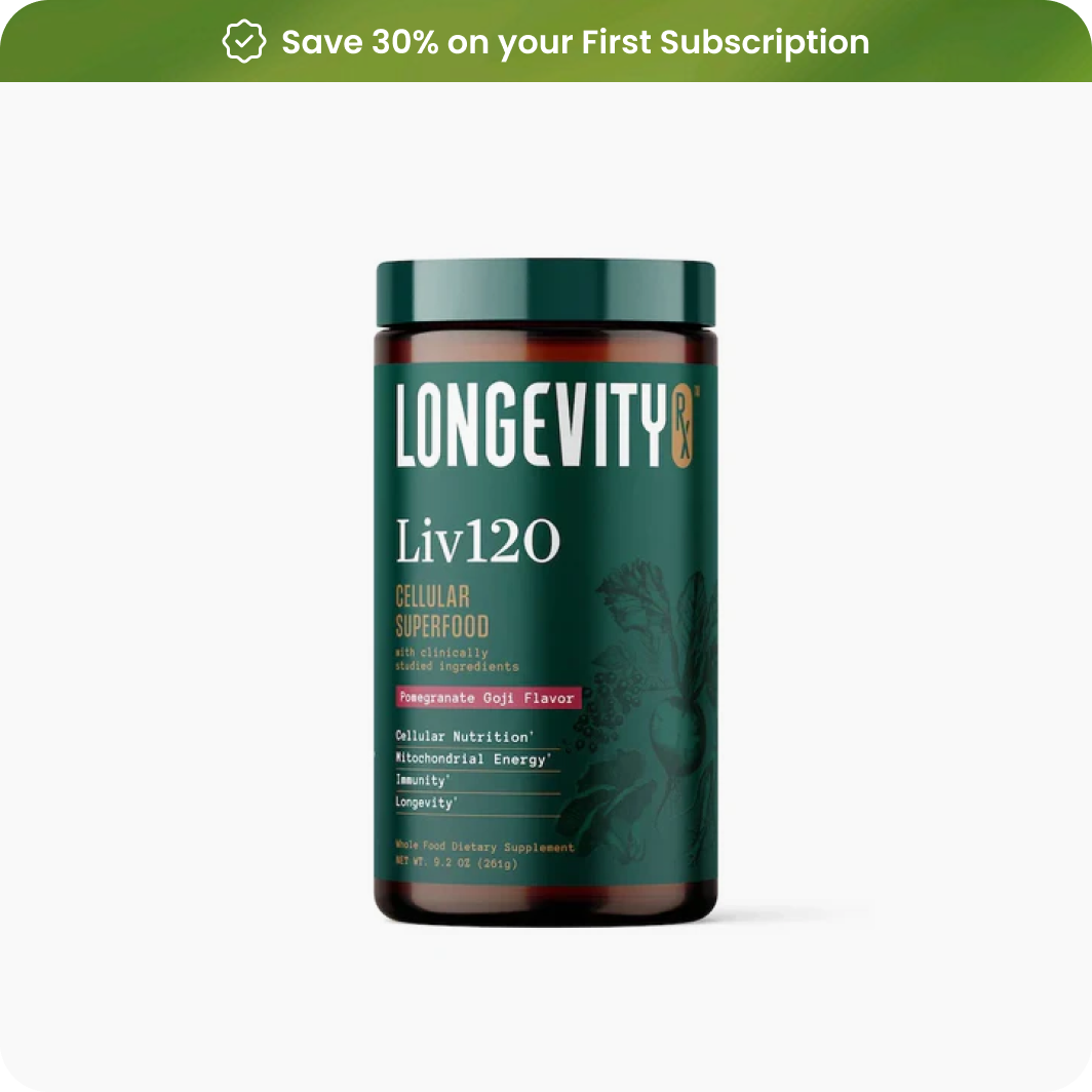 Jar of Longevity Rx Liv120 cellular superfood supplement.