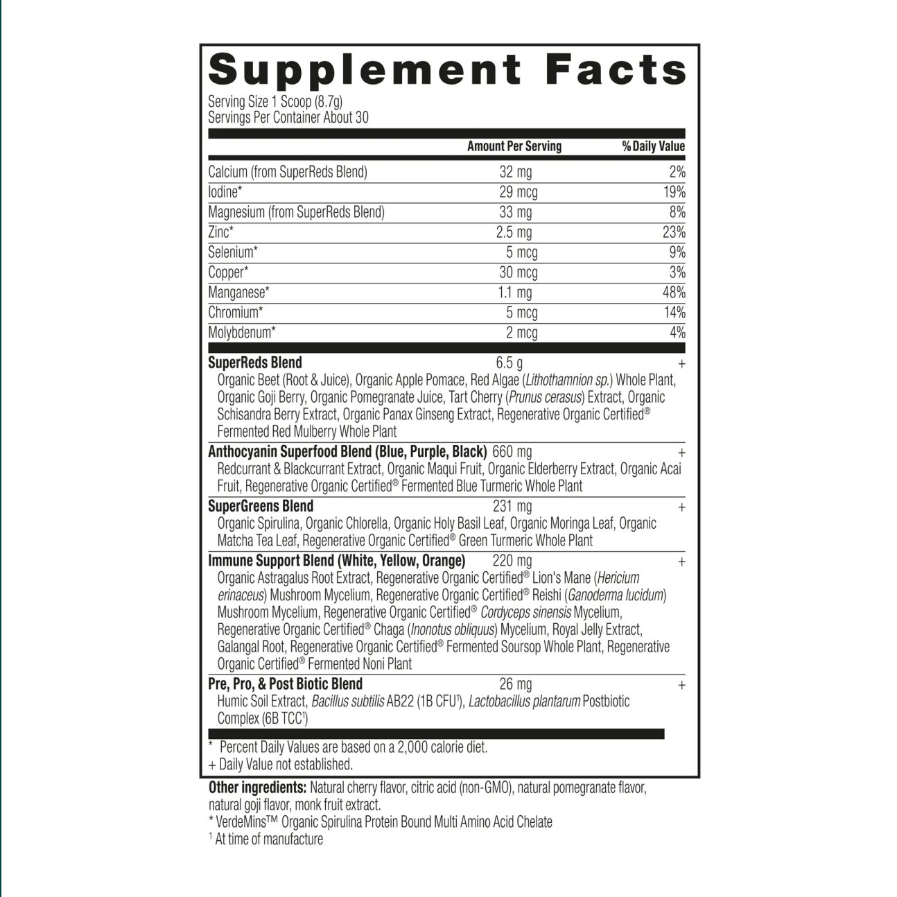 The supplement facts label for a dietary product, listing ingredients and nutritional information.