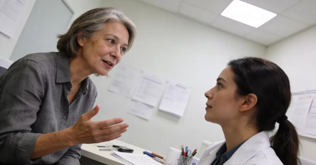 An older woman in a gray shirt speaks to a younger woman in a white coat in an office.