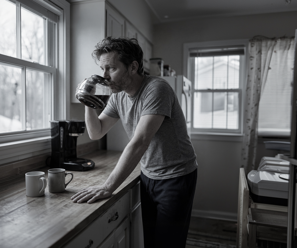A man in a black and white photo stands in a kitchen drinking coffee directly from the pot.