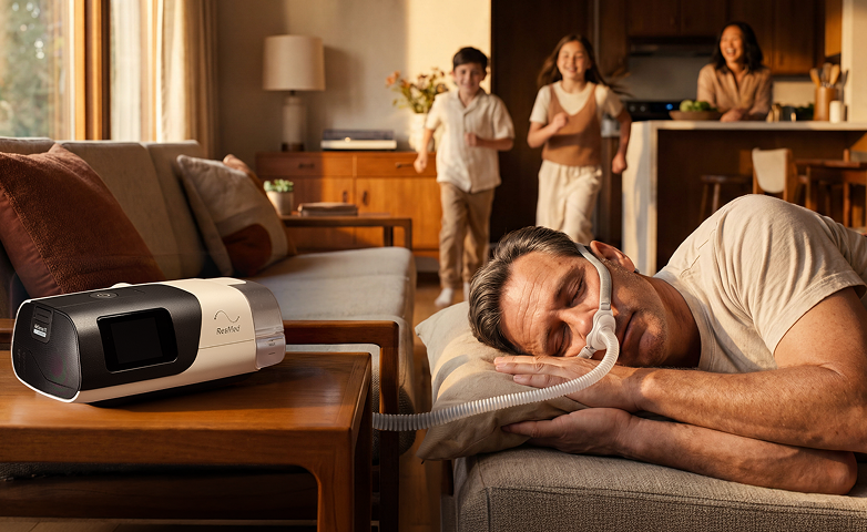 A man sleeps on a couch with a CPAP machine while his family is active in the background.