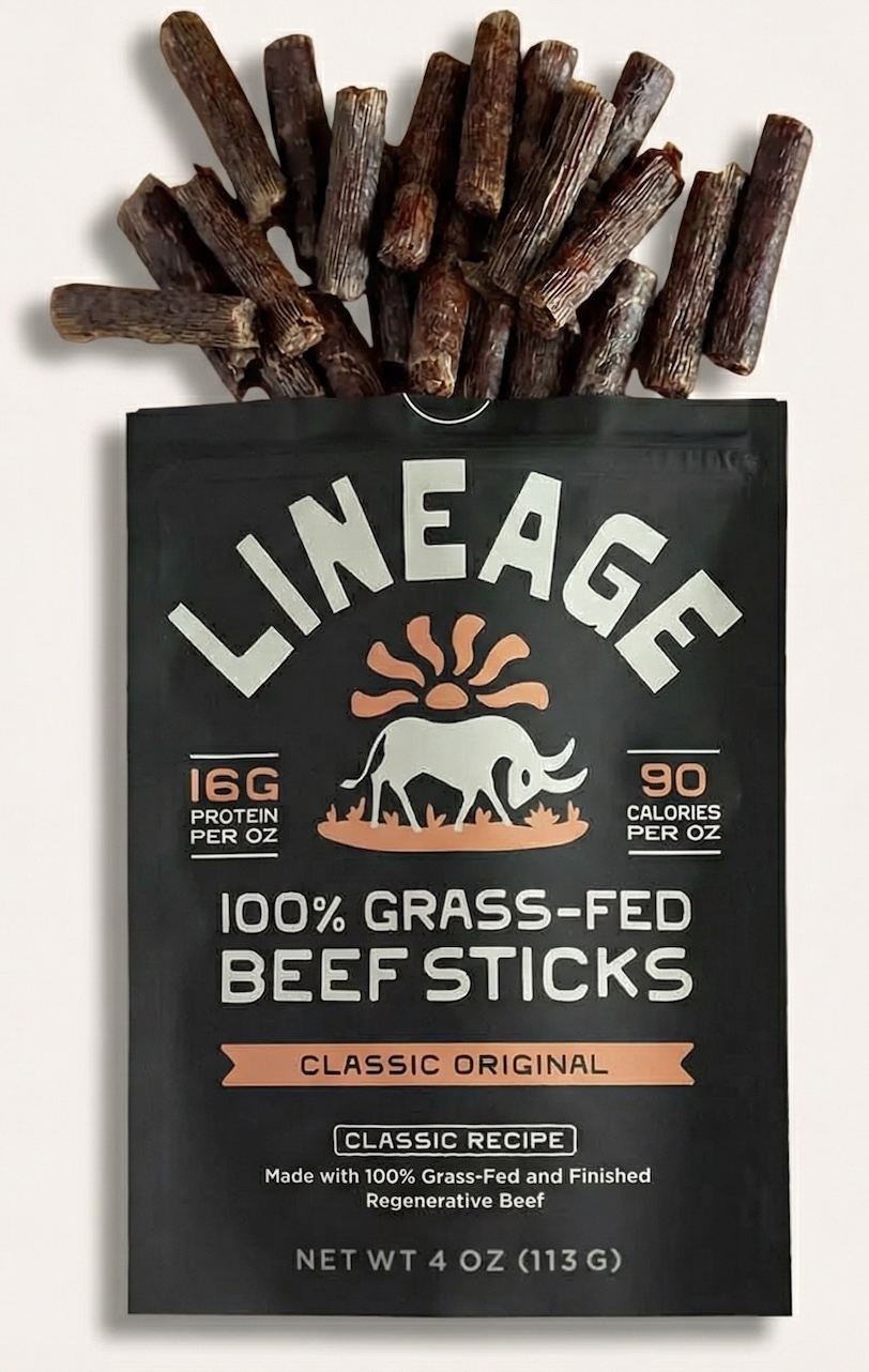 A black package of Lineage 100% Grass-Fed Beef Sticks with many sticks coming out of the top.