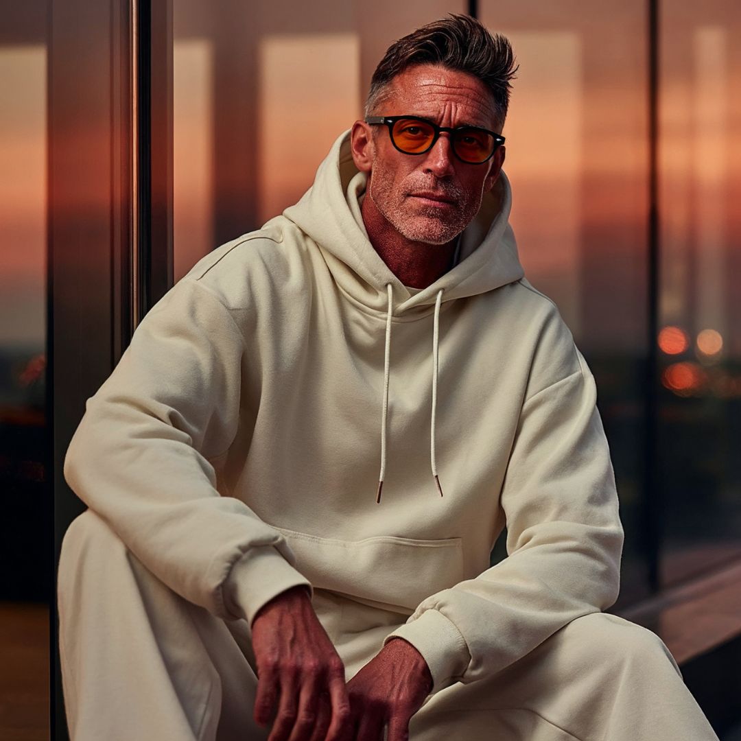 Man in a cream hoodie sitting, wearing sunglasses, with a sunset reflection in the background.