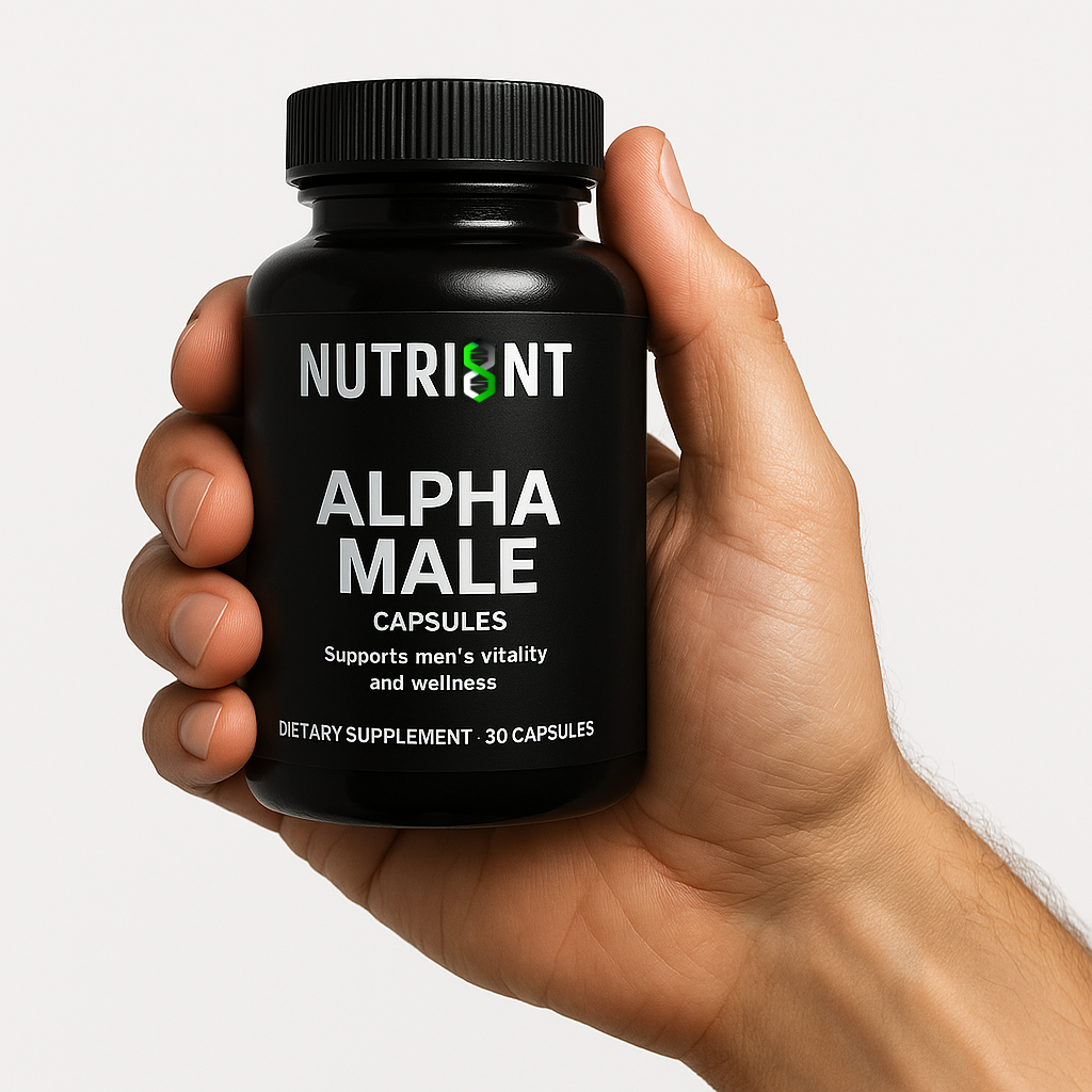 Hand holding a bottle labeled 'Alpha Male Capsules' dietary supplement.