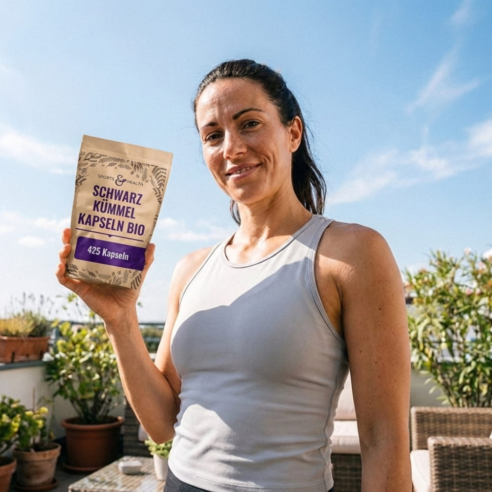 A woman in a grey tank top holds a bag of Sports & Health Schwarz Kümmel Kapseln Bio.