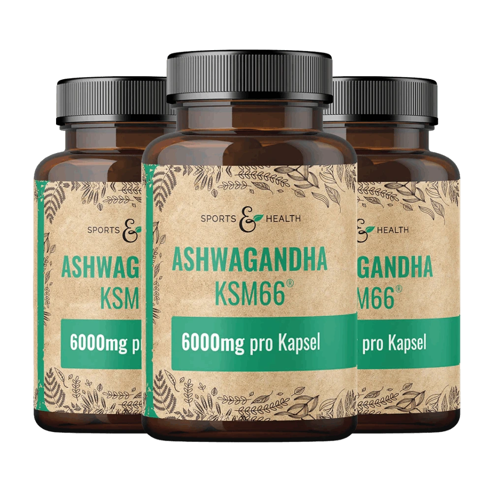 Three bottles of Sports & Health Ashwagandha KSM66 supplements against a solid green background.