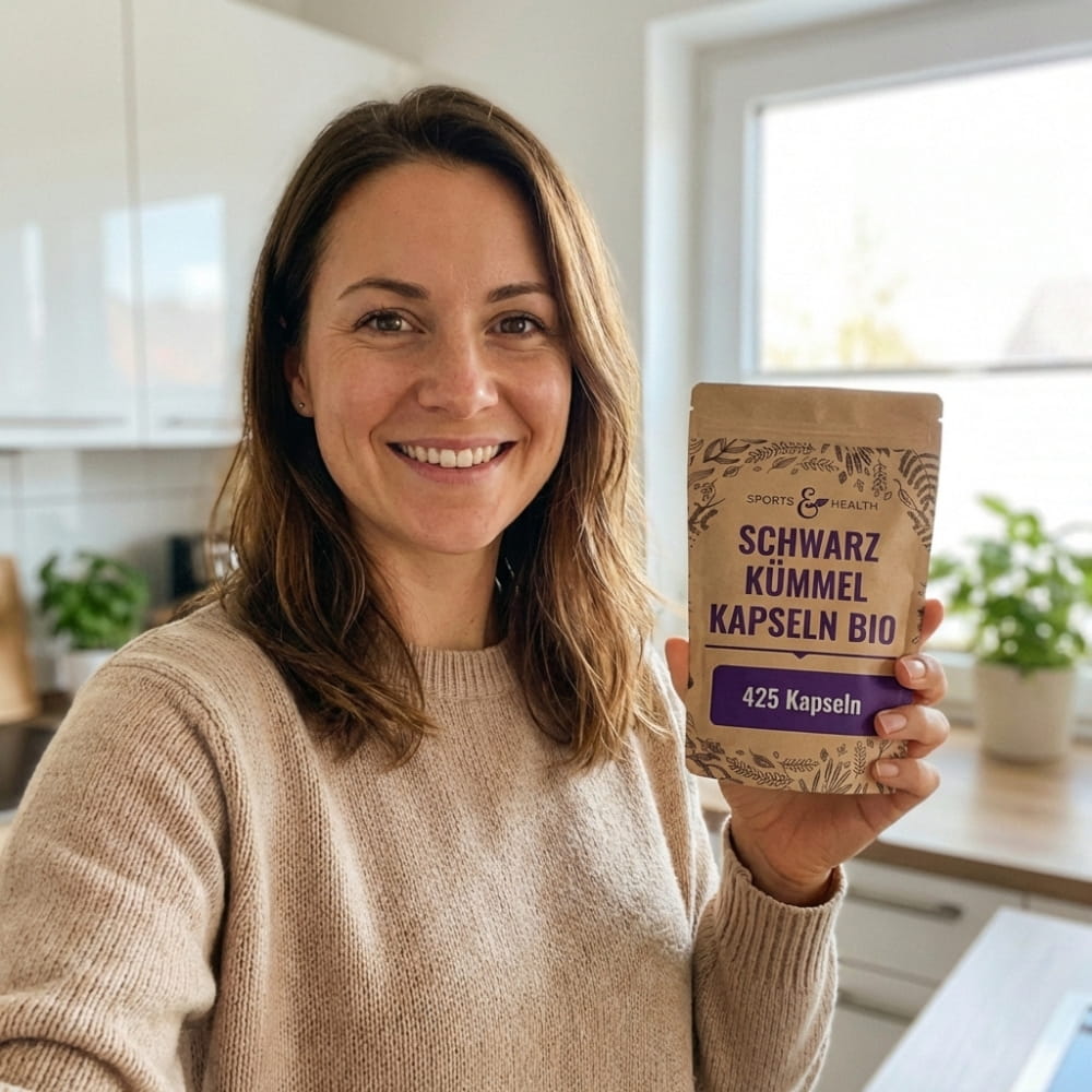 A smiling woman in a beige sweater holds up a brown pouch of Schwarz Kümmel Kapseln Bio.