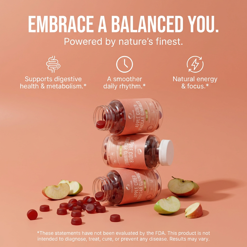 An advertisement showing three stacked bottles of Apple Cider Vinegar Gummies with loose gummies and apple slices nearby.