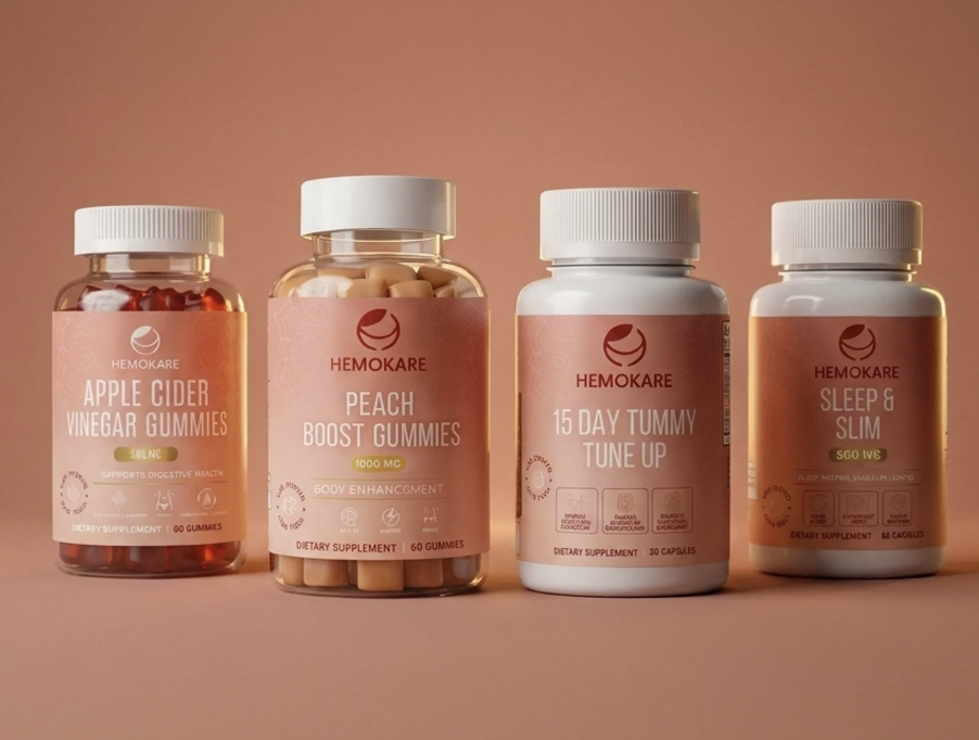 Four bottles of Hemokare dietary supplements lined up against a peach-colored background.