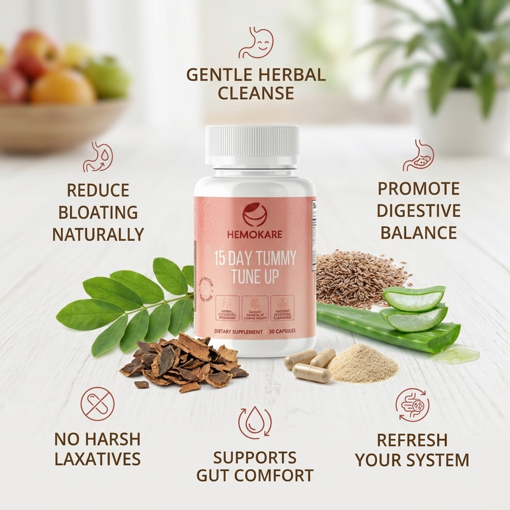 A bottle of Hemokare 15 Day Tummy Tune Up supplements surrounded by various natural herbal ingredients.