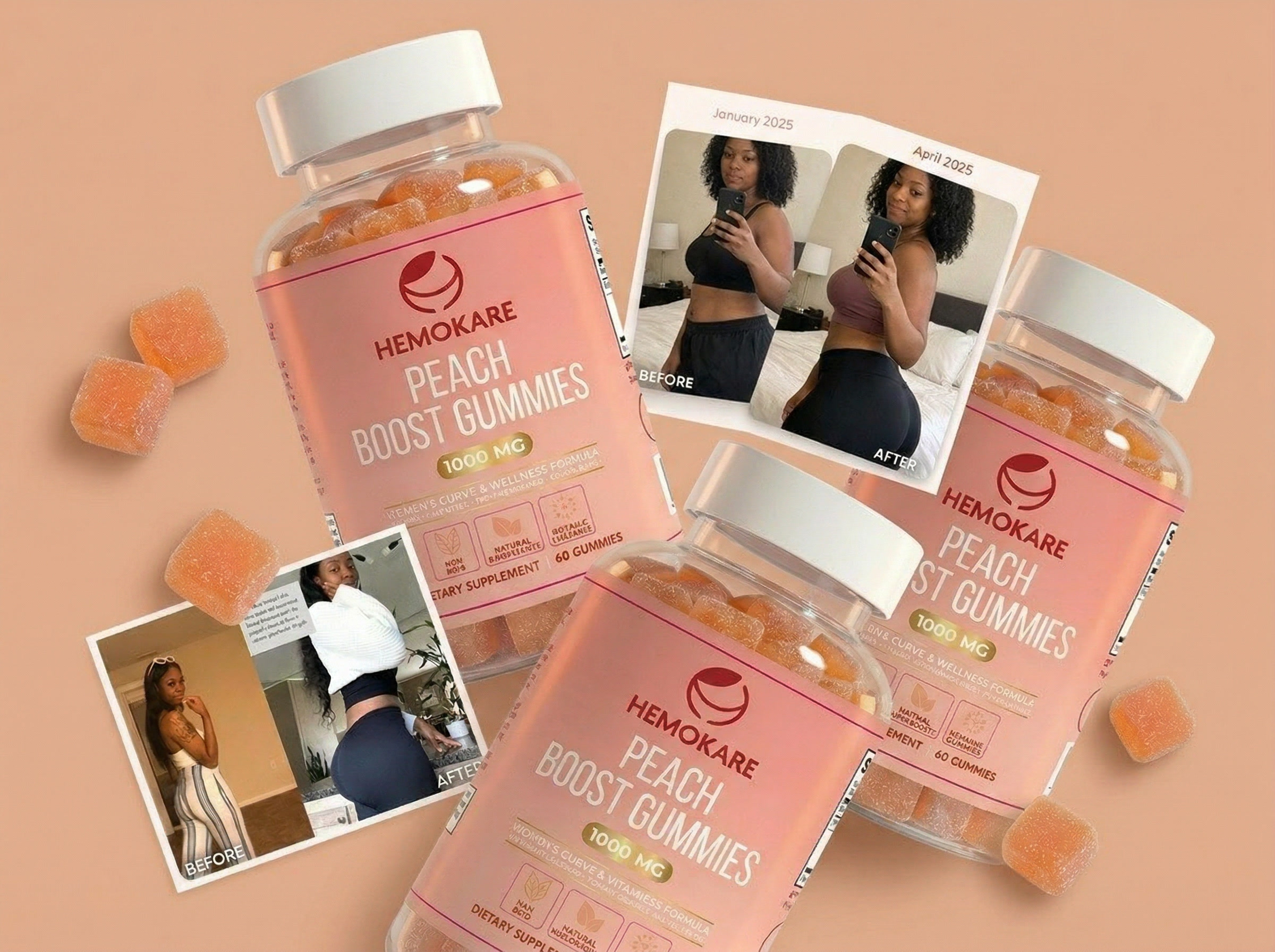 Bottles of Hemokare Peach Boost Gummies with before-and-after photos of women and loose gummies on a peach background.