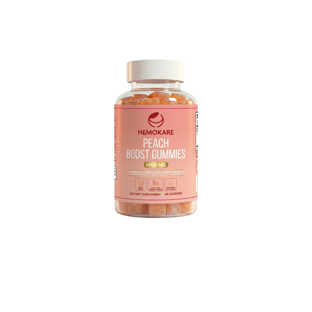 A clear bottle of Hemokare Peach Boost Gummies dietary supplement against a white background.
