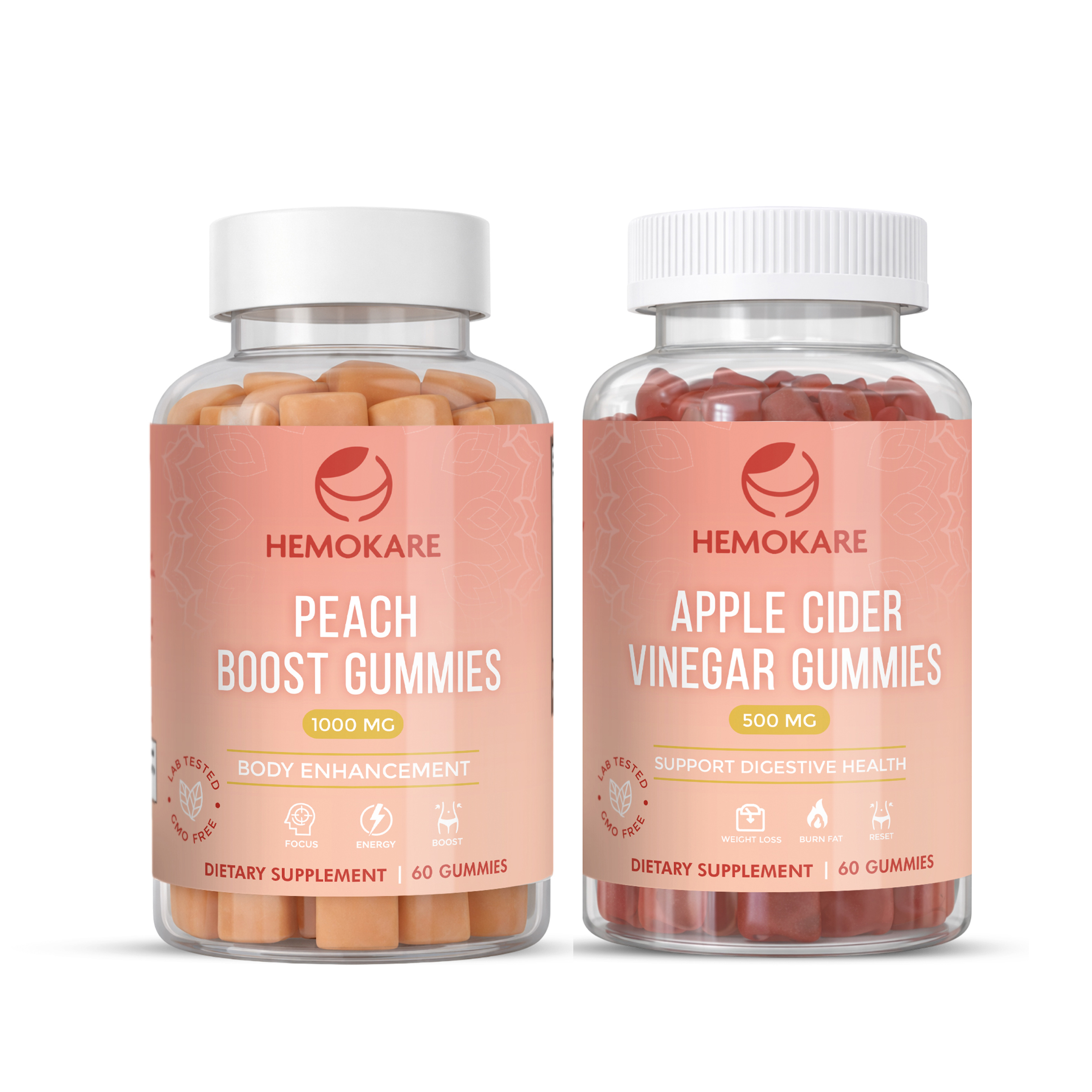 Two bottles of Hemokare dietary supplement gummies, Peach Boost and Apple Cider Vinegar, against a white background.