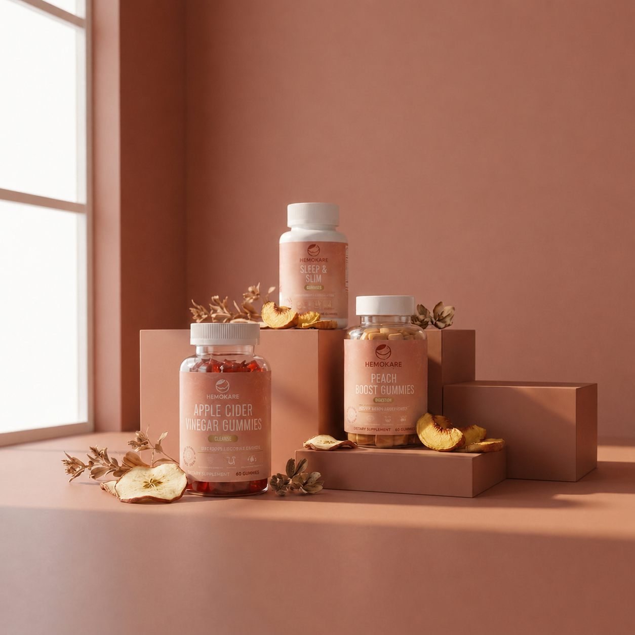 Three bottles of Hemokare gummies displayed on terracotta-colored blocks with dried fruit and botanicals.