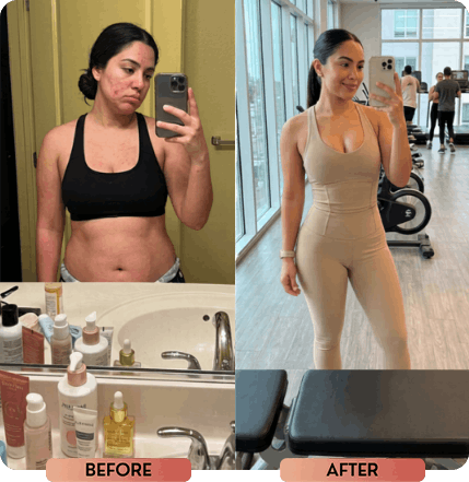 Before and after photos of a woman's body and skin transformation, from a bathroom selfie to a gym selfie.
