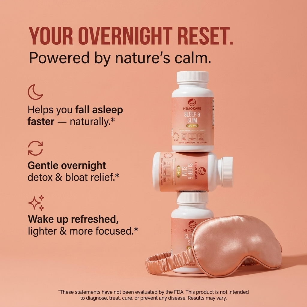 Three stacked bottles of Hemokare Sleep & Slim supplements next to a pink silk sleep mask.