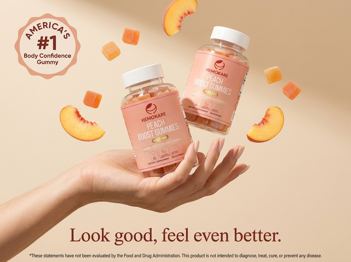 A hand holds two bottles of Hemokare Peach Boost Gummies, surrounded by floating gummies and peach slices.