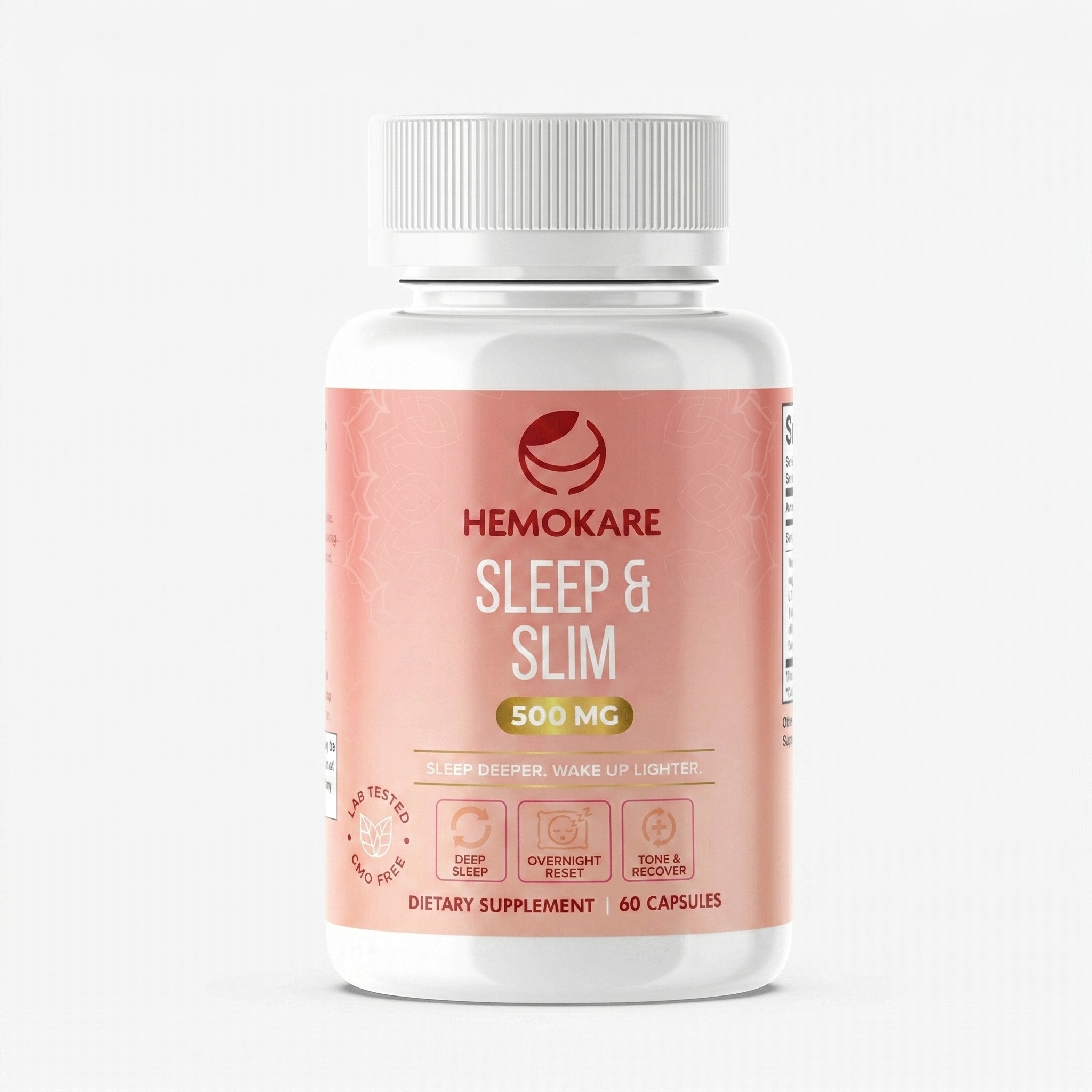 A white bottle of Hemokare Sleep & Slim dietary supplement against a white background.