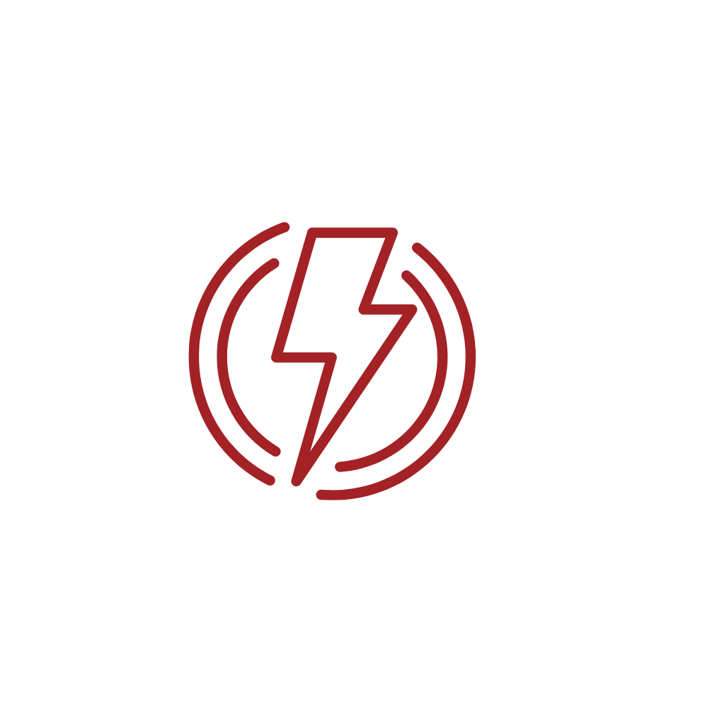A red line icon of a lightning bolt inside two concentric circles on a white background.