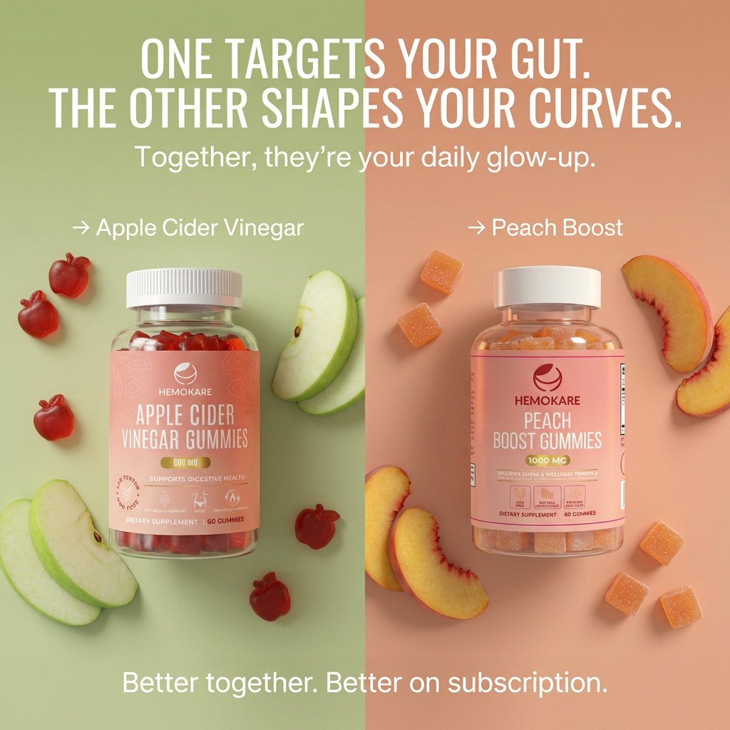 Two bottles of gummies, Apple Cider Vinegar and Peach Boost, are displayed with fresh fruit.