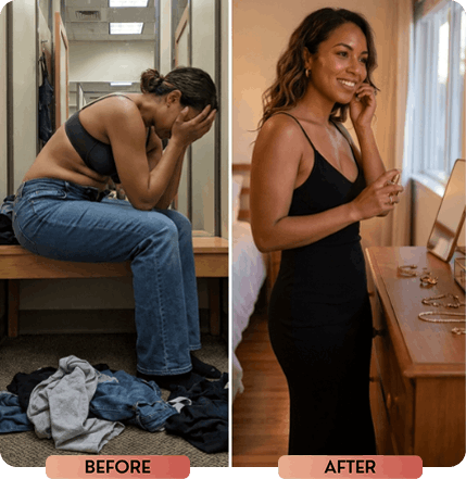 A before and after photo showing a woman upset in a fitting room, then happy in a black dress.