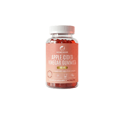 A clear bottle of Hemokare Apple Cider Vinegar Gummies with a white cap against a white background.