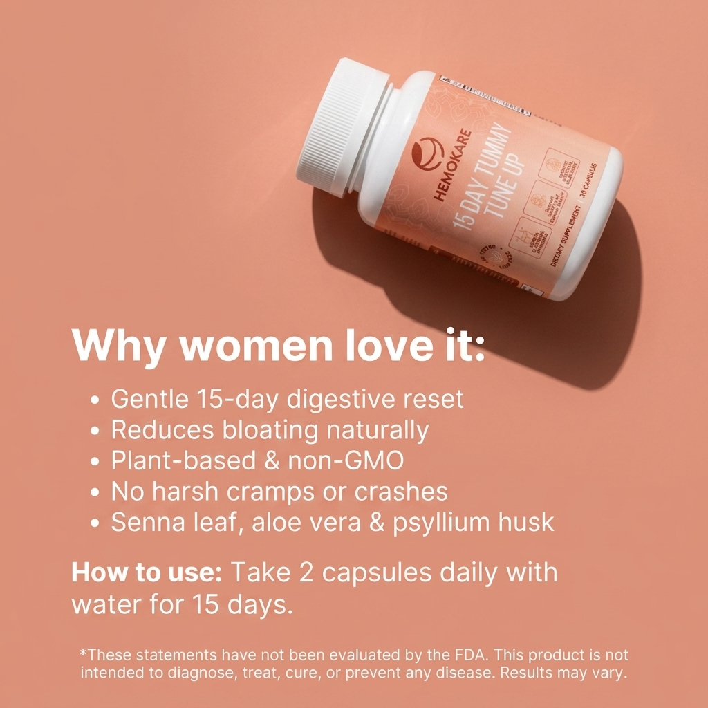 A bottle of Hemokare 15 Day Tummy Tune Up supplement on a pink background with product information text.