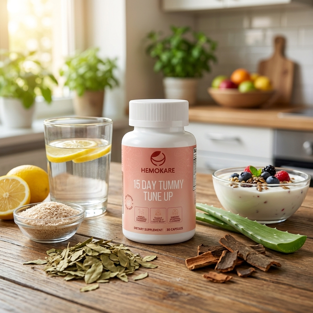 A bottle of Hemokare supplement on a wooden table with ingredients like lemon, yogurt, aloe, and herbs.