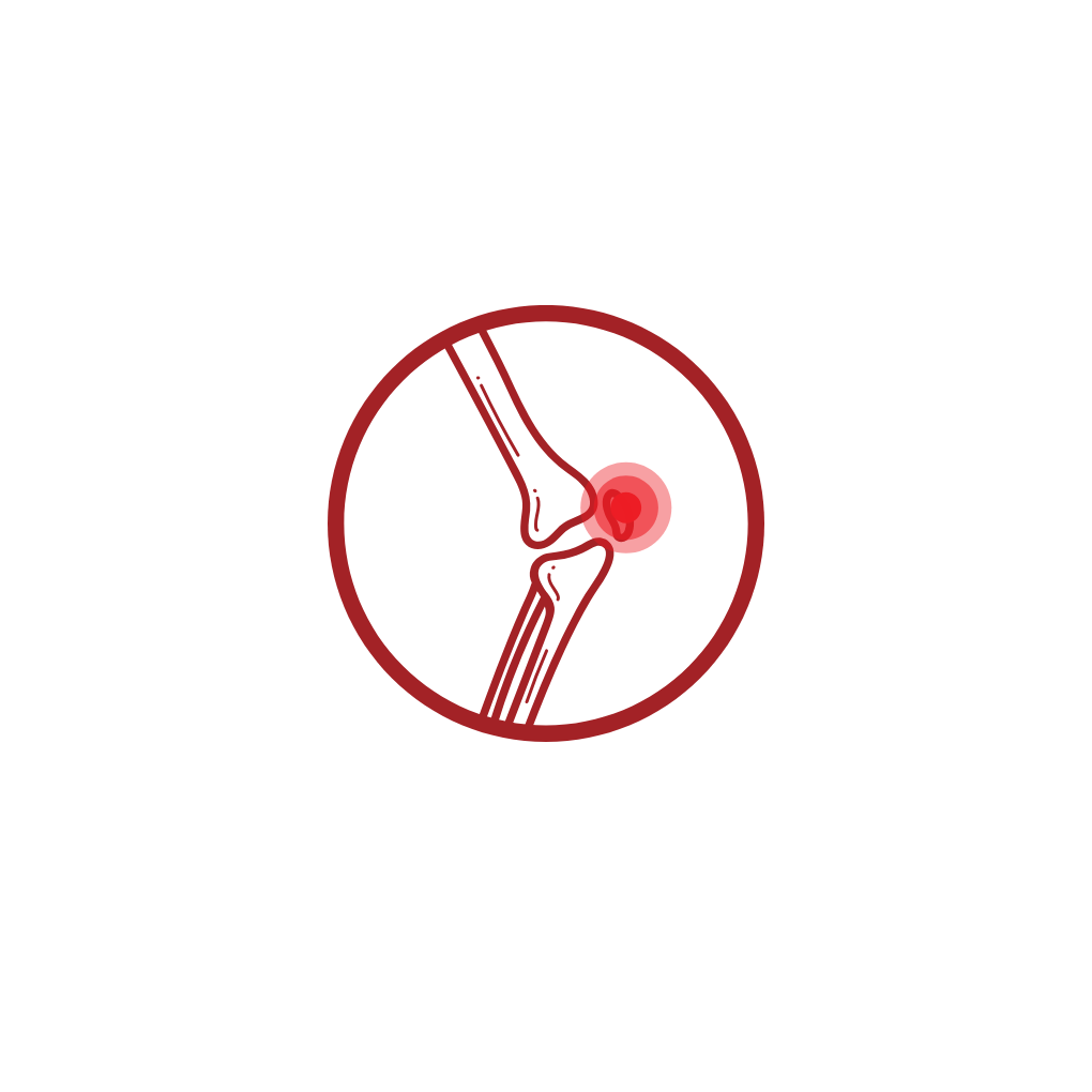 A line drawing icon of a painful knee joint highlighted with a red circle.