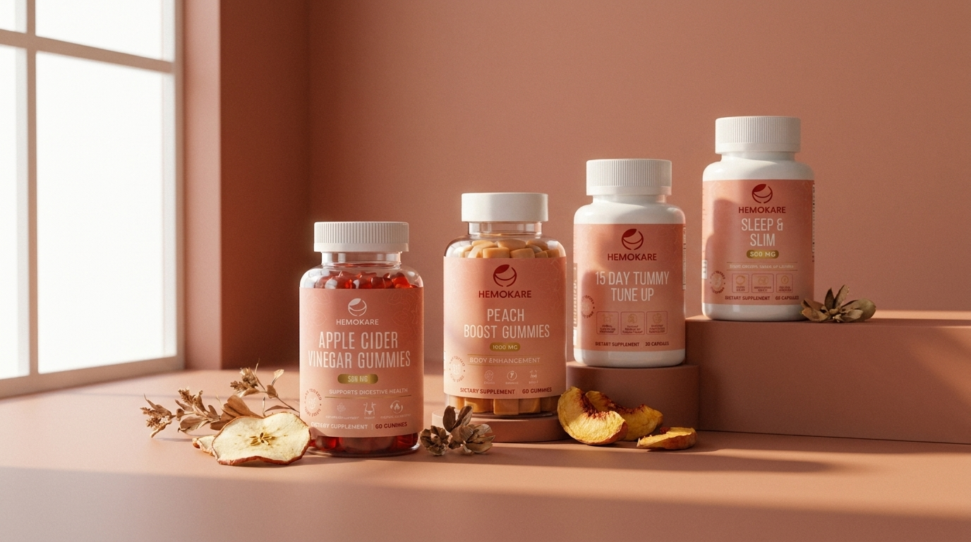 Four bottles of Hemokare dietary supplements displayed on a tiered surface next to a window.