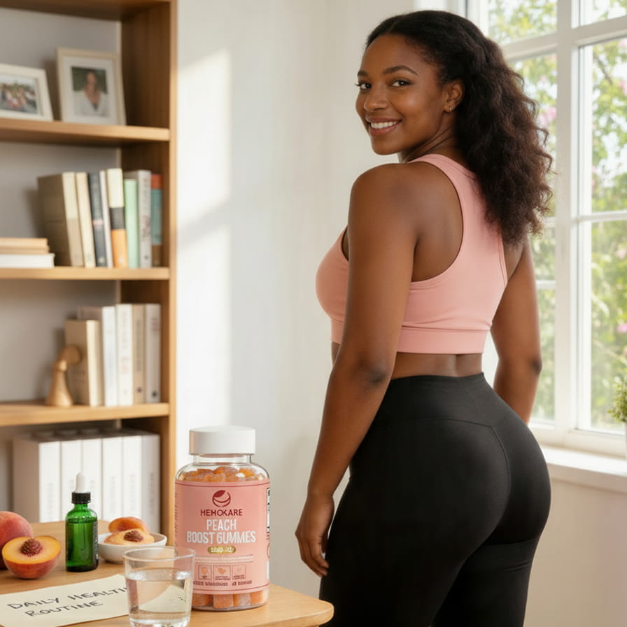 A woman in athletic wear smiles, standing next to a table with a bottle of peach gummies.