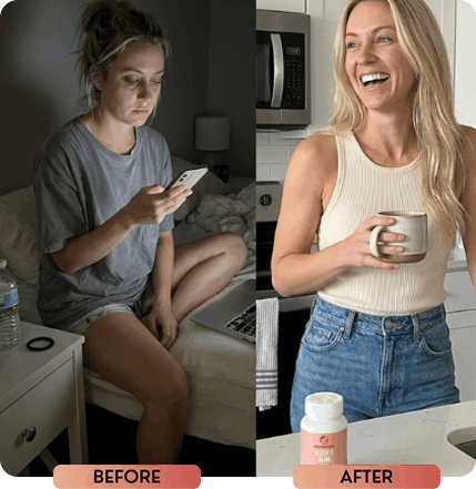 A before-and-after comparison of a woman looking tired in bed and then smiling in a kitchen.