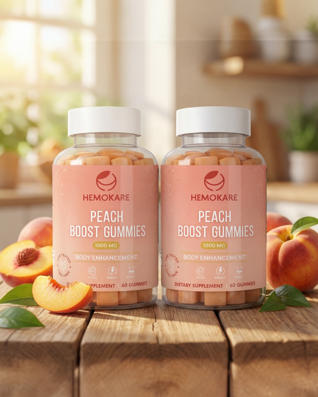 Two bottles of Hemokare Peach Boost Gummies sitting on a wooden table surrounded by fresh peaches.