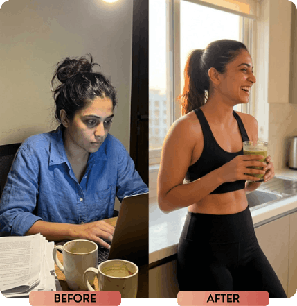 A before and after image showing a woman looking tired working, then looking healthy and happy with a smoothie.