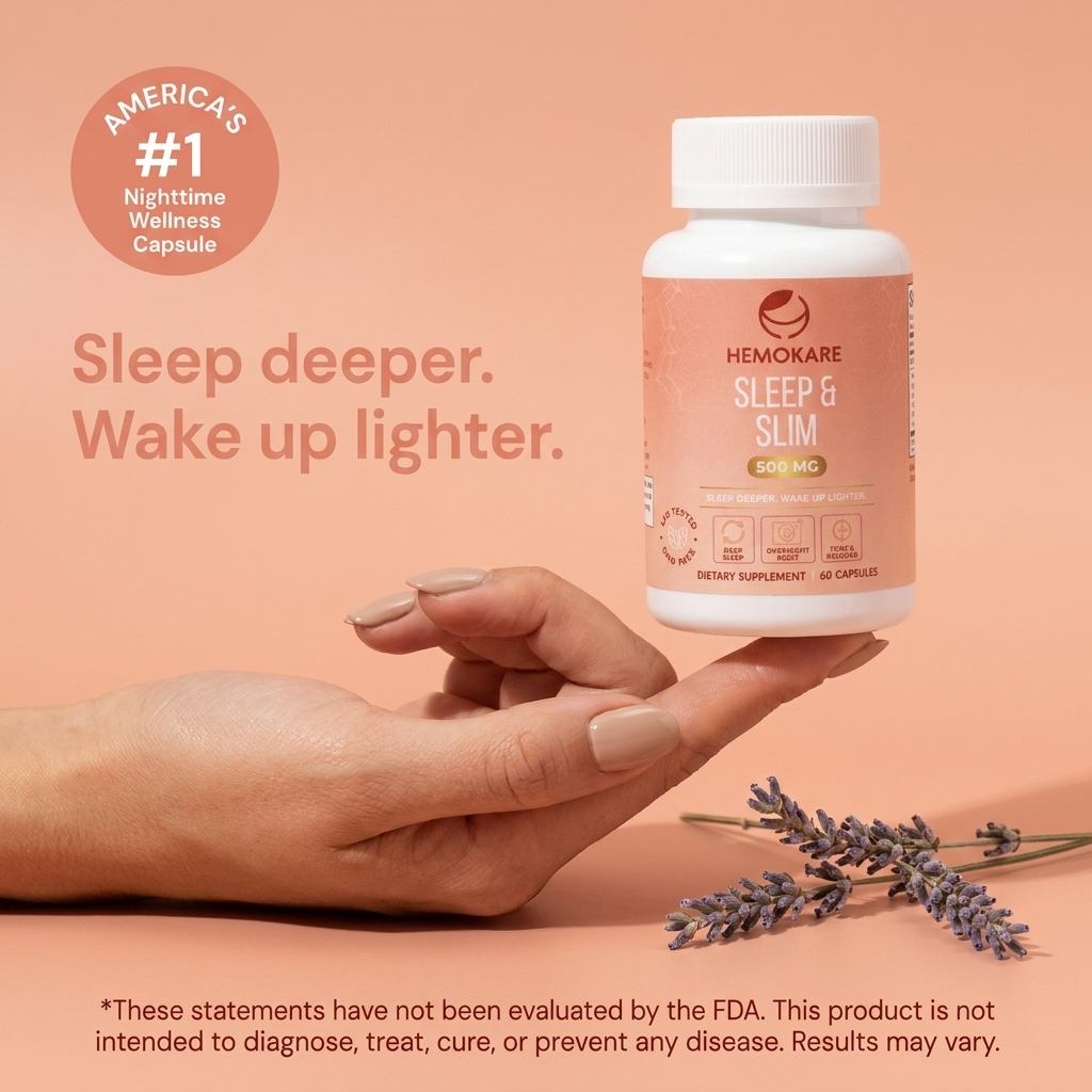 A hand holds a bottle of Hemokare Sleep & Slim dietary supplement next to a sprig of lavender.
