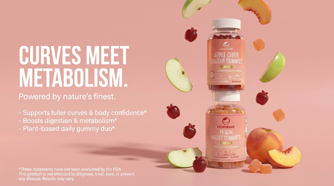 Two bottles of Hemokare gummies are shown with floating apples, peaches, and gummies on a pink background.