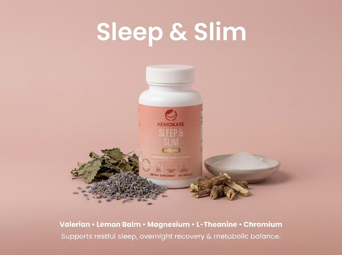 A bottle of Hemokare Sleep & Slim supplements is surrounded by its ingredients on a pink background.