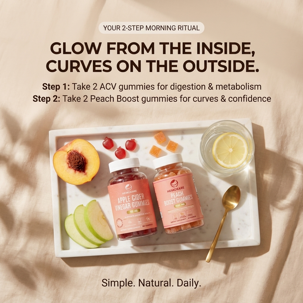 Two bottles of gummy vitamins on a tray with fresh fruit and a glass of water.