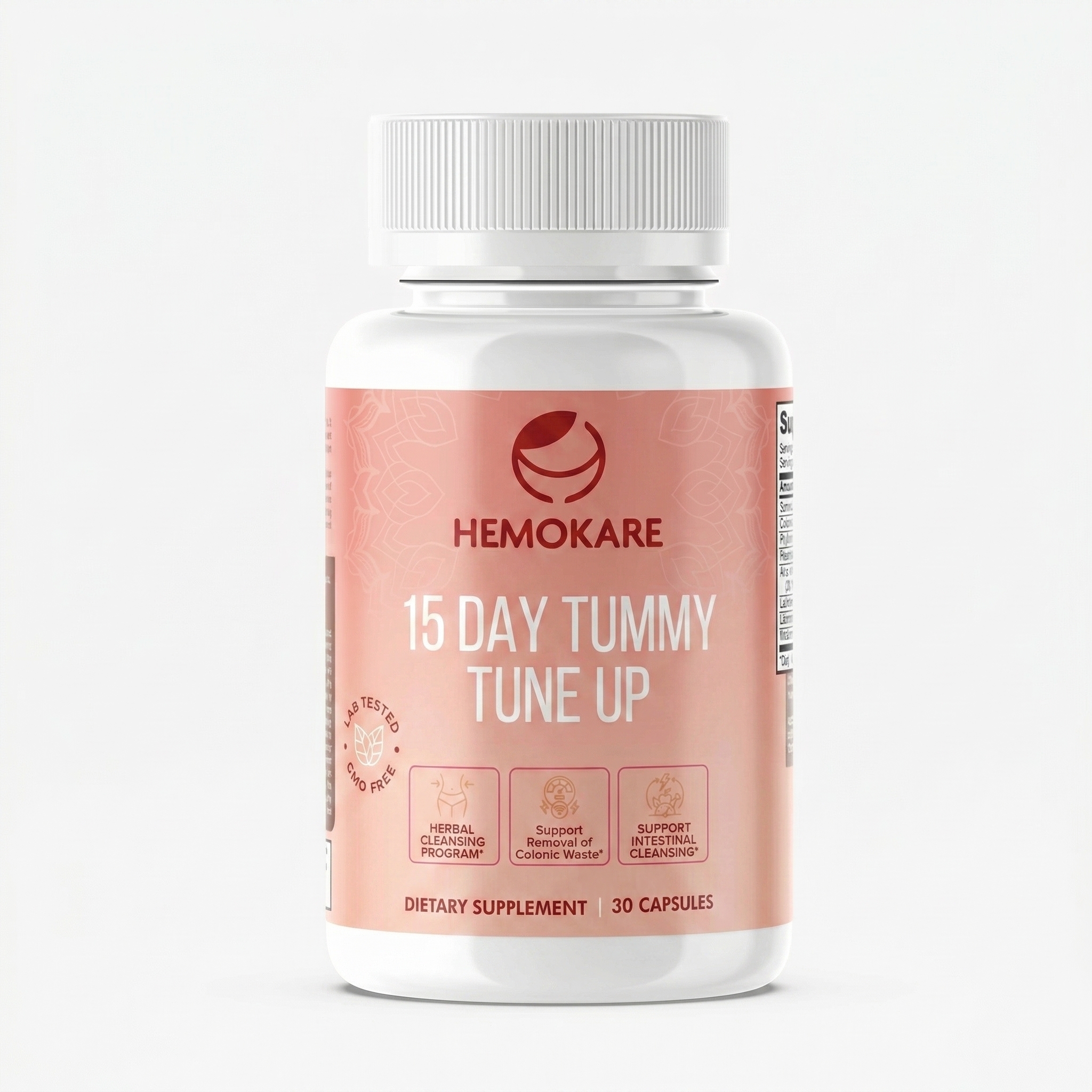 A white bottle of Hemokare 15 Day Tummy Tune Up dietary supplement against a plain background.