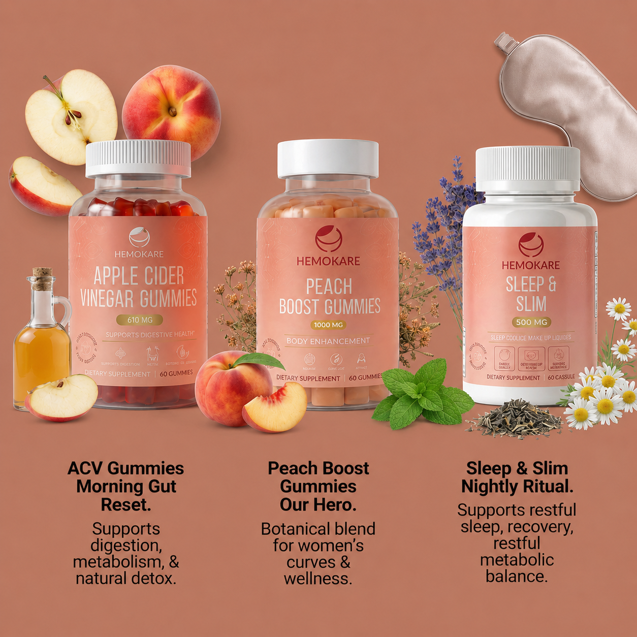 Three bottles of Hemokare dietary supplements—gummies and capsules—displayed with their corresponding fruit and herbal ingredients.